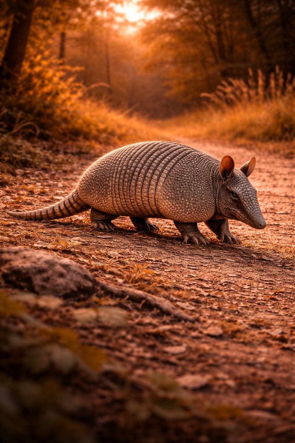 Photorealistic painting of a nine-banded armadillo foraging on an autumn forest path at golden hour