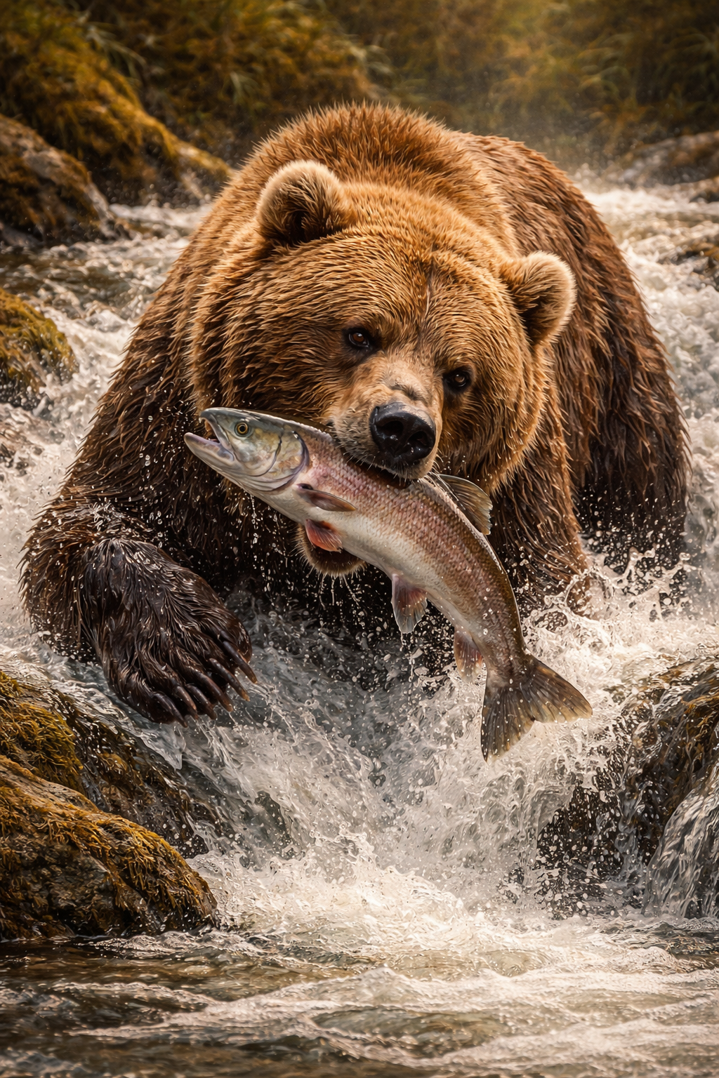 A grizzly bear catching a salmon in a rushing river