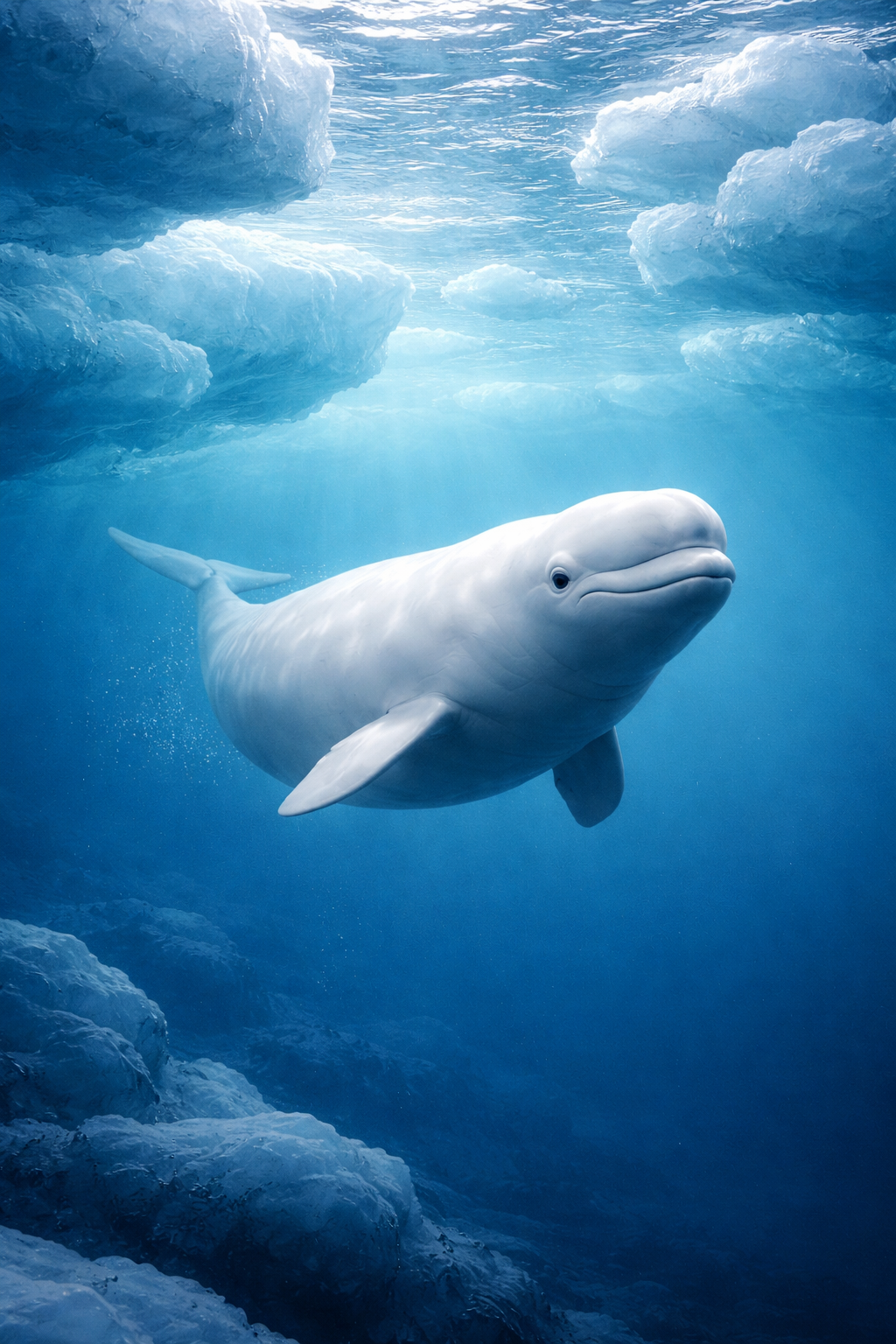 Photorealistic painting of a white beluga whale gliding through Arctic waters beneath sea ice