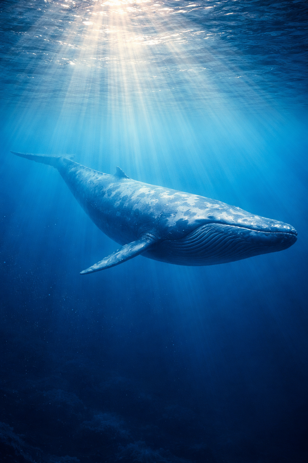 Photorealistic painting of a blue whale gliding through deep ocean water with sunlight rays above