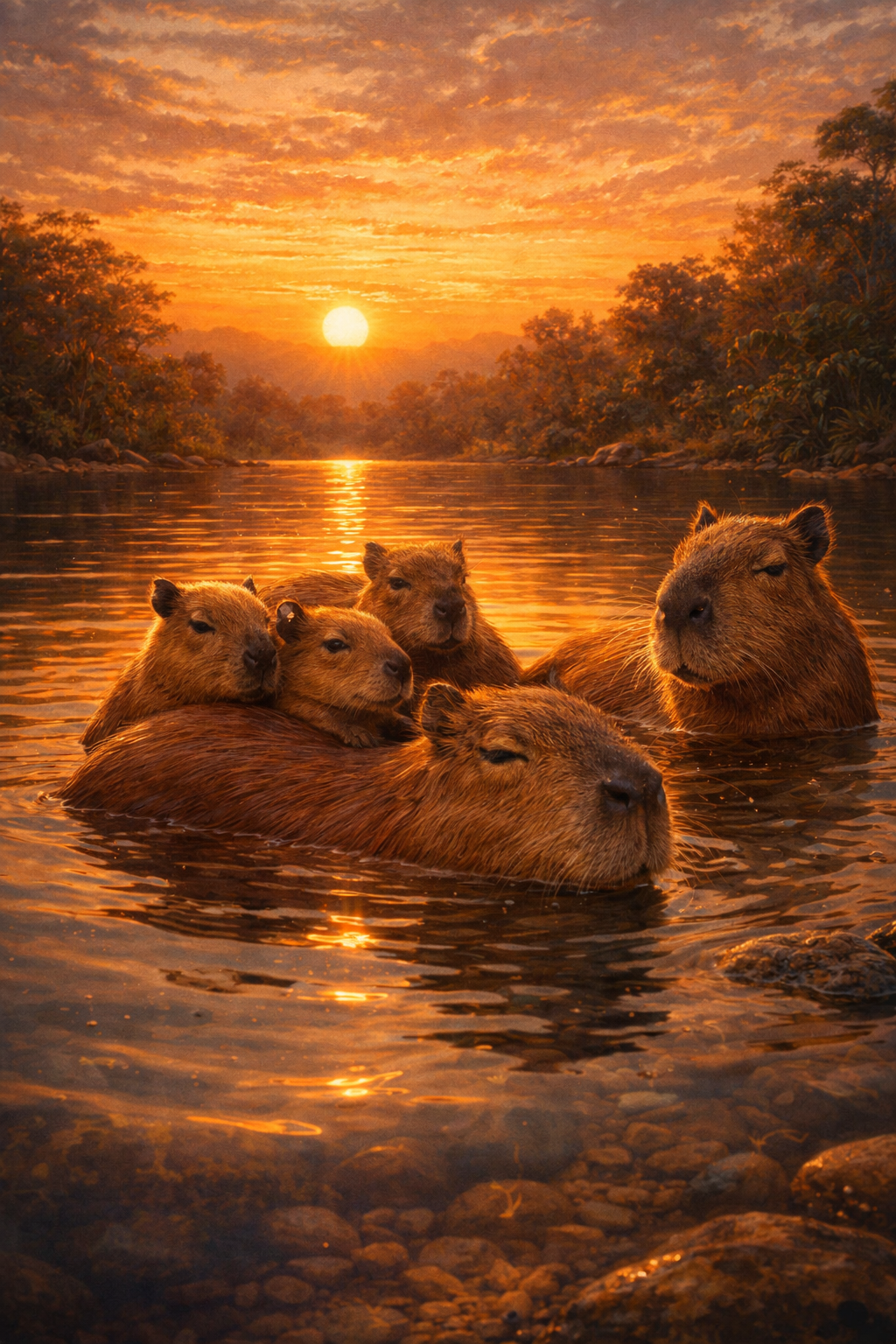 A family of capybaras relaxing together in a South American river at golden sunset