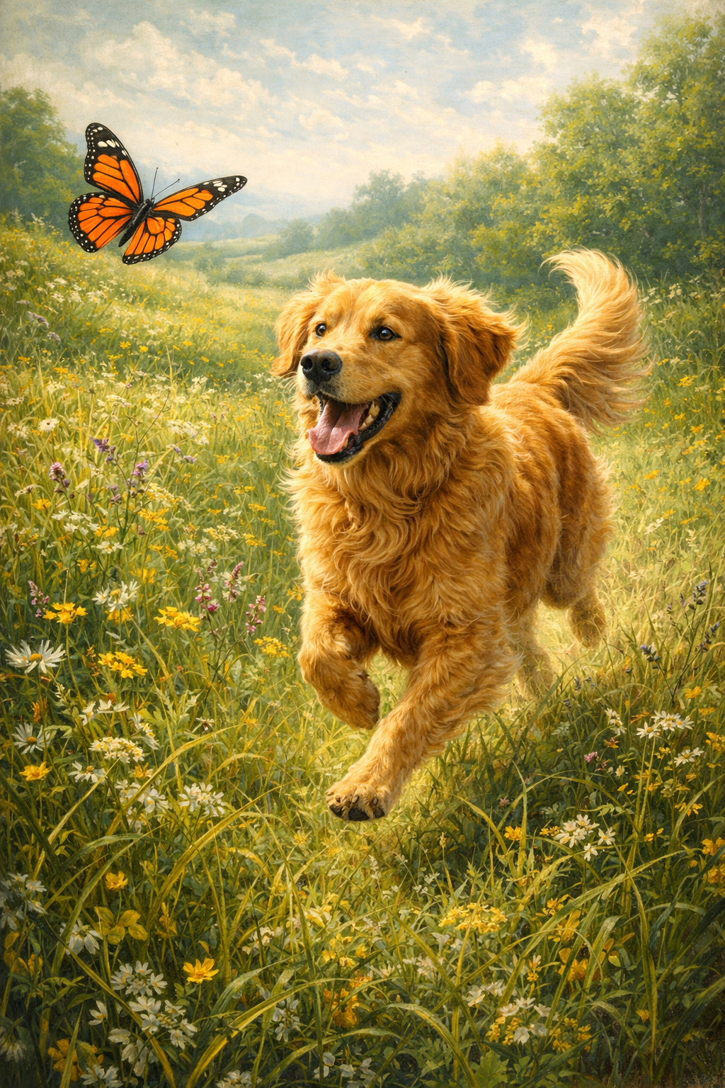 A golden retriever running joyfully through a wildflower field chasing a butterfly