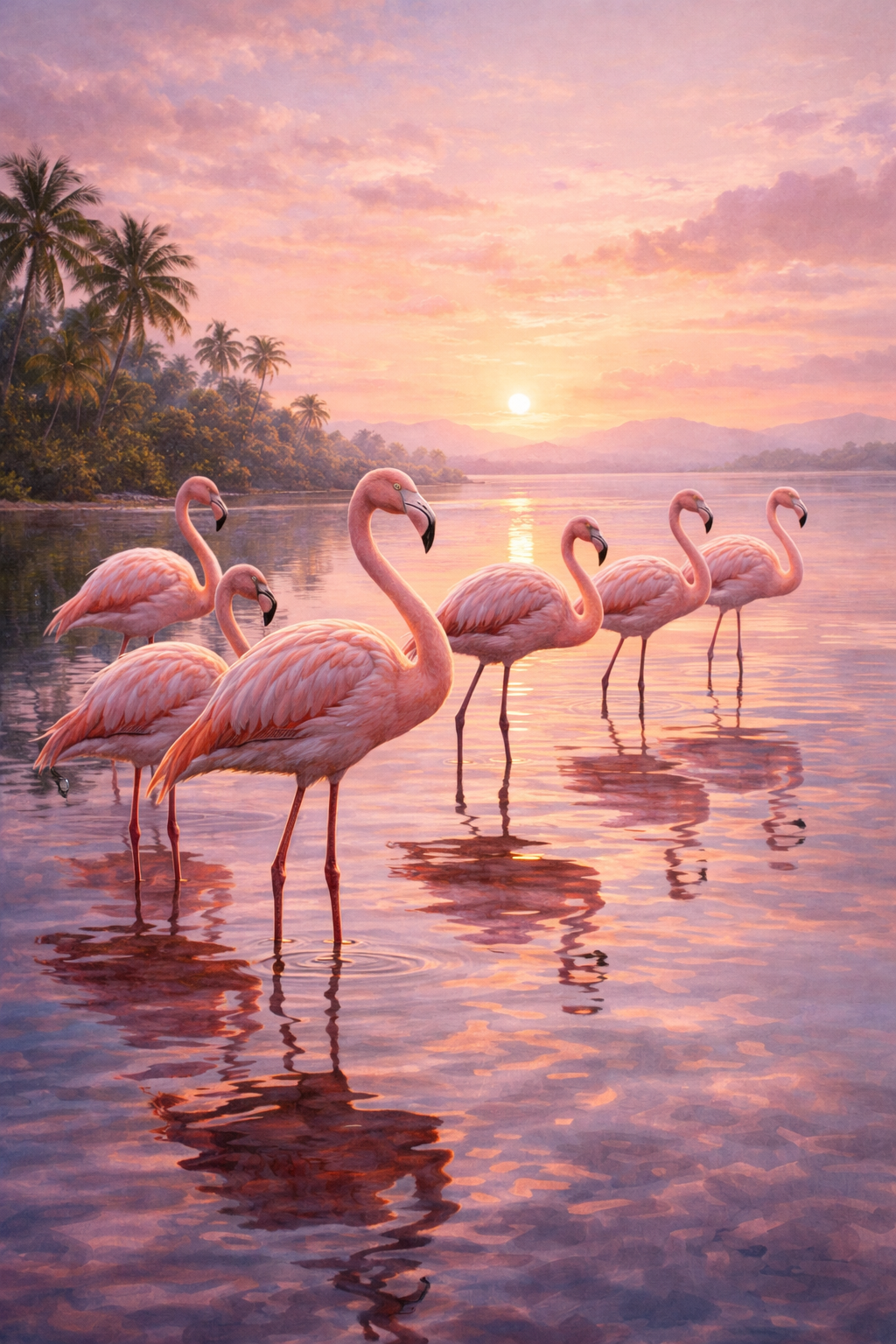 Photorealistic painting of a flock of flamingos wading in still water at sunset with palm trees and pink sky