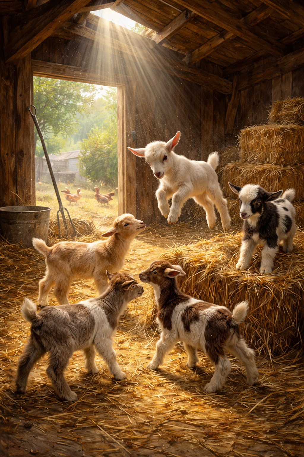 Photorealistic painting of a goat on a rocky mountain hillside