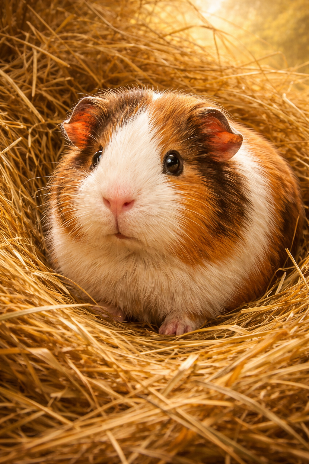 A tricolour guinea pig nestled in golden hay looking at the camera