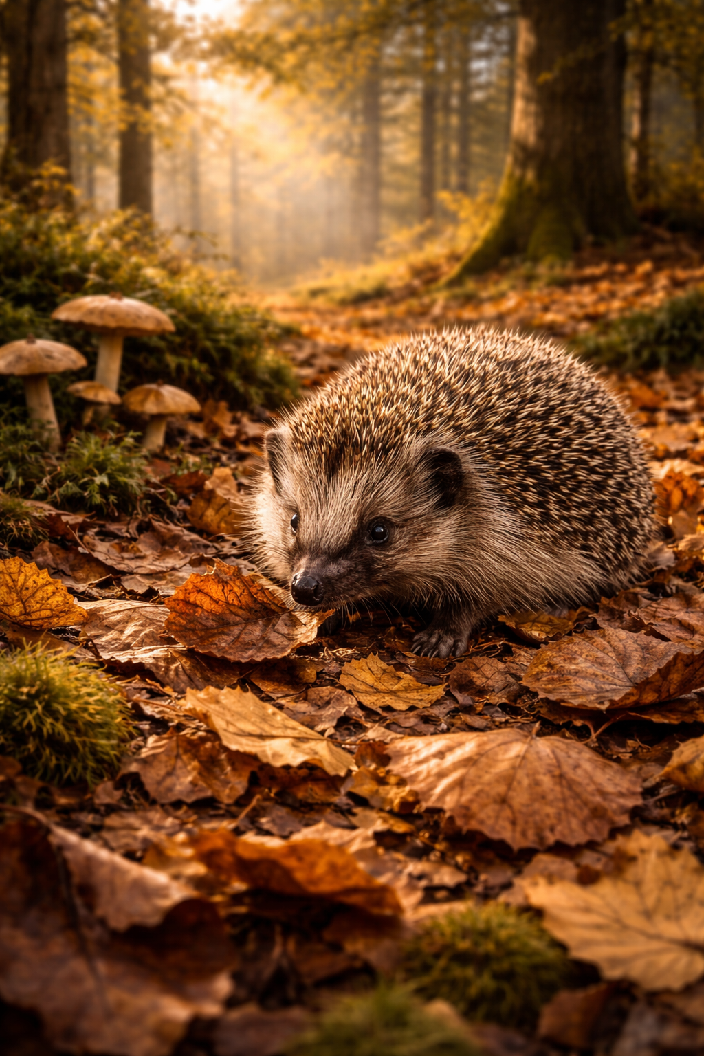 Photorealistic painting of a hedgehog in autumn forest