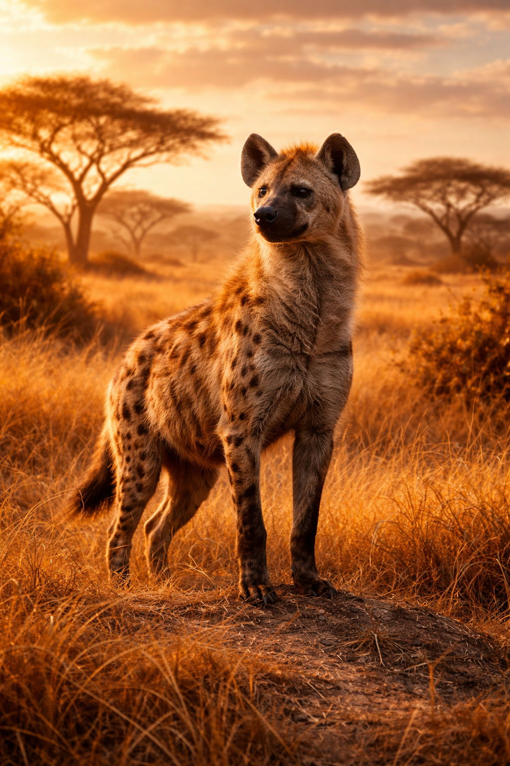 Photorealistic painting of a spotted hyena standing on the African savanna at golden hour