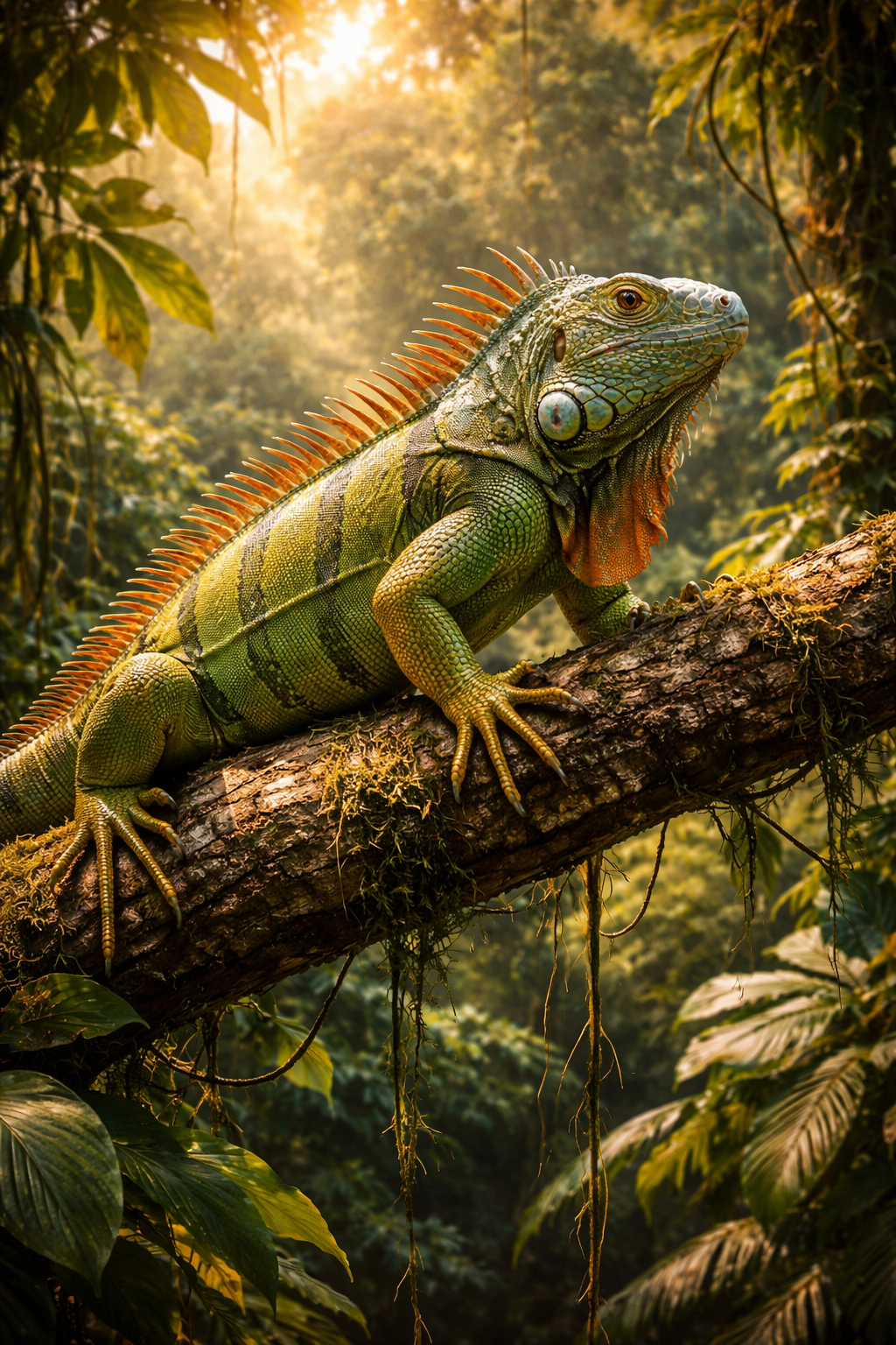 Photorealistic painting of a green iguana perched on a mossy rainforest branch in golden tropical light
