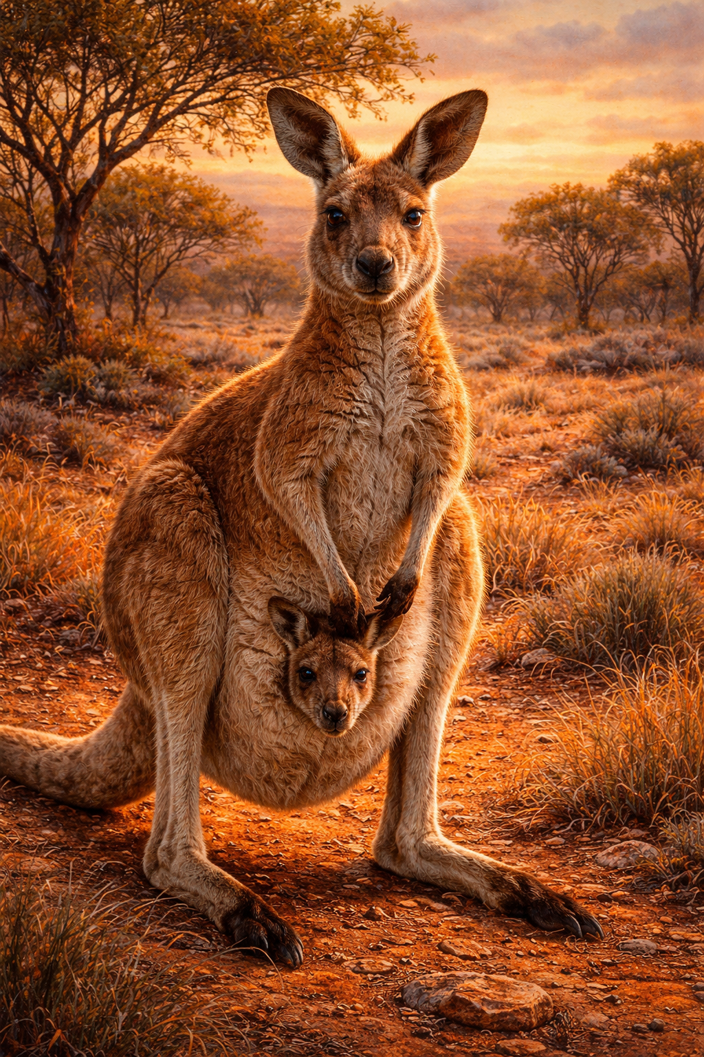Photorealistic painting of a kangaroo with joey in Australian outback