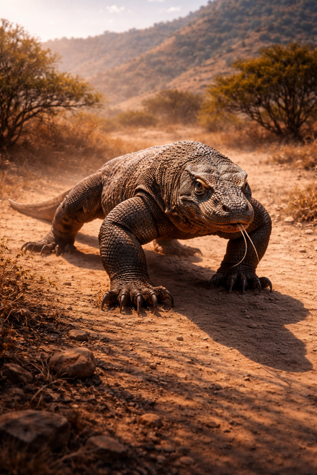 Photorealistic painting of a Komodo dragon stalking across dry Indonesian scrubland with forked tongue extended