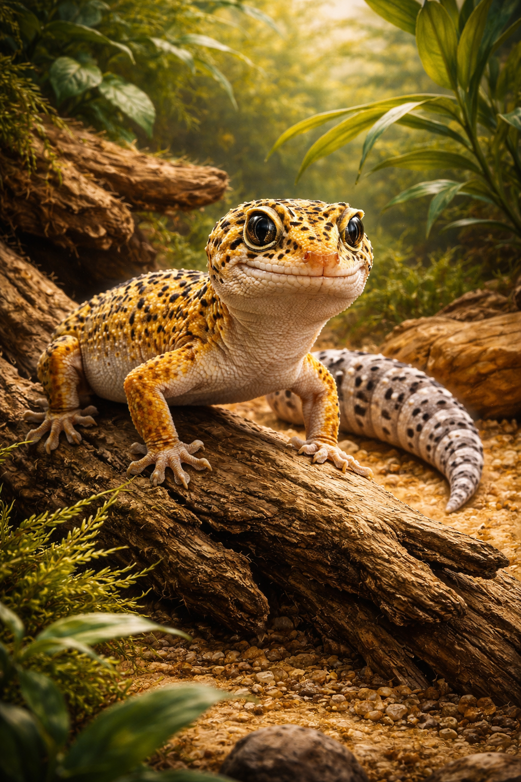 A leopard gecko with vivid yellow and black spotted pattern perched on a log in natural habitat