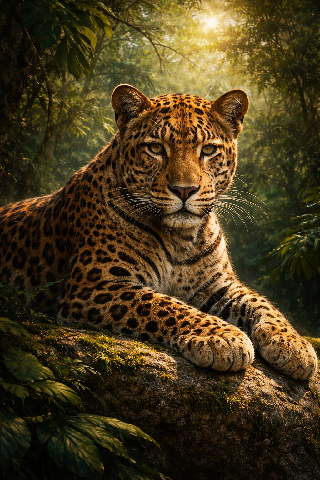 Leopard resting on a mossy rock in a jungle, staring directly at the viewer