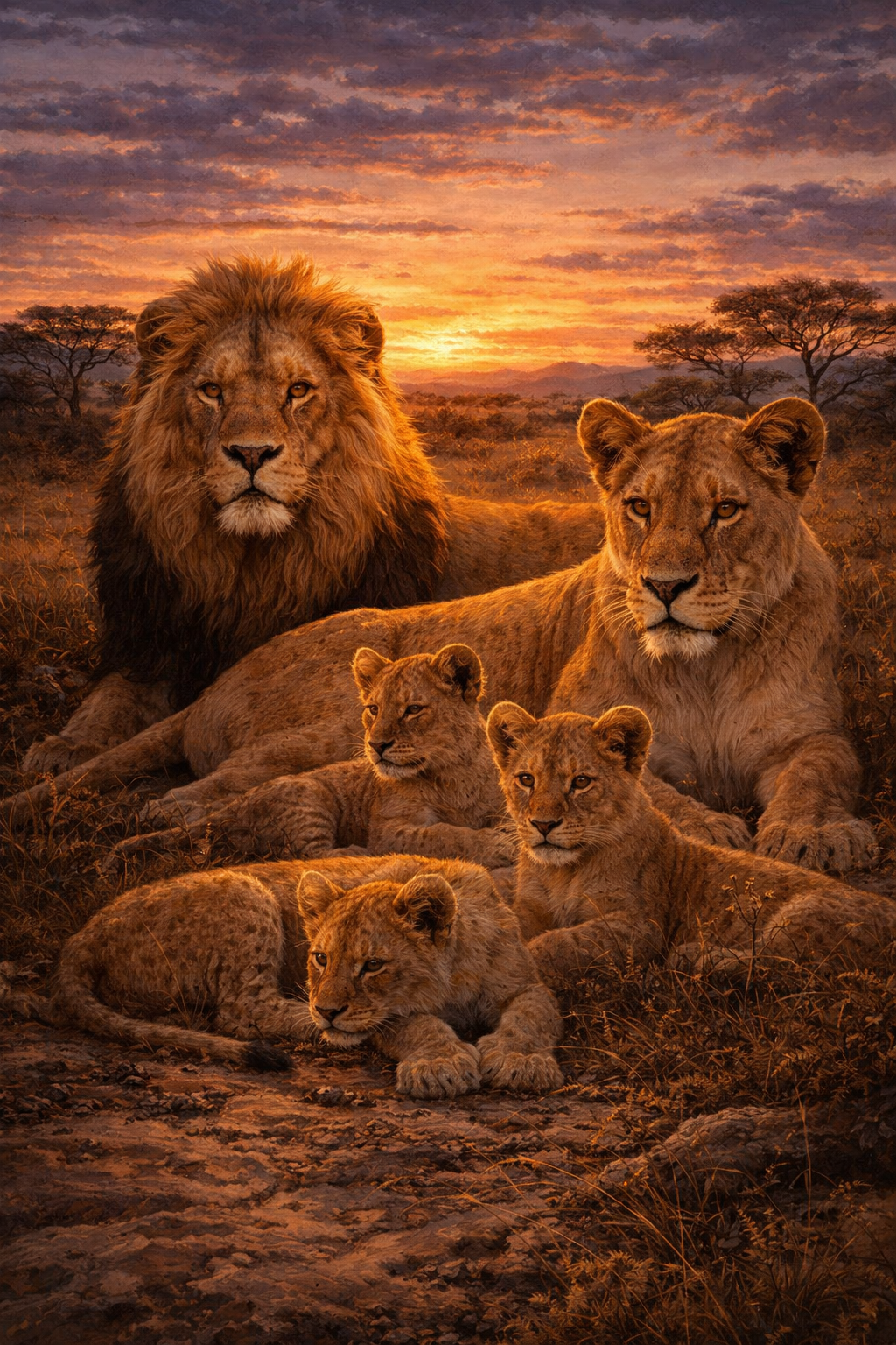 Photorealistic painting of a lion pride at African sunset