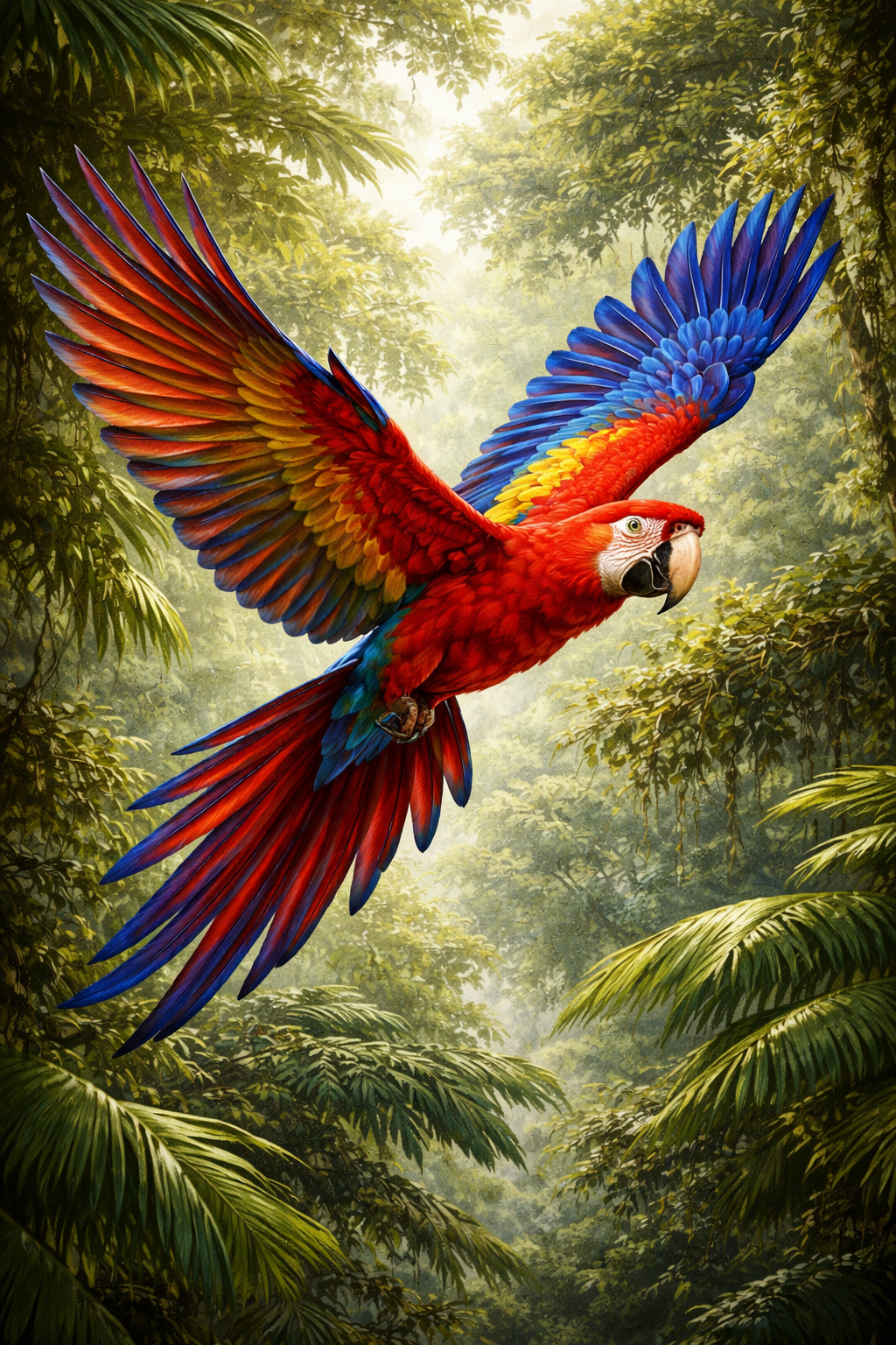 Photorealistic painting of a scarlet macaw in full flight through the Amazon rainforest canopy