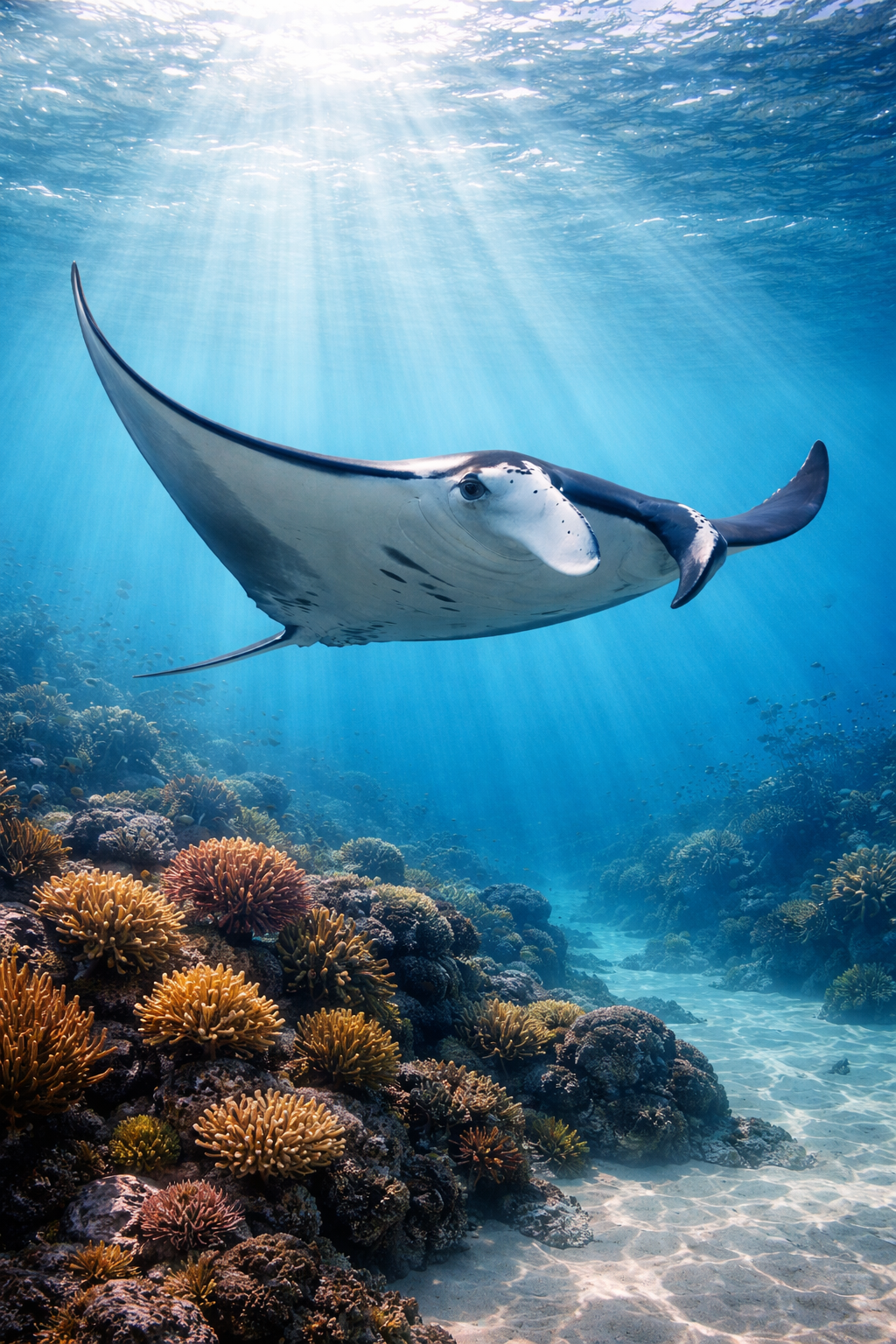 Photorealistic painting of a reef manta ray gliding over a coral reef in clear tropical ocean