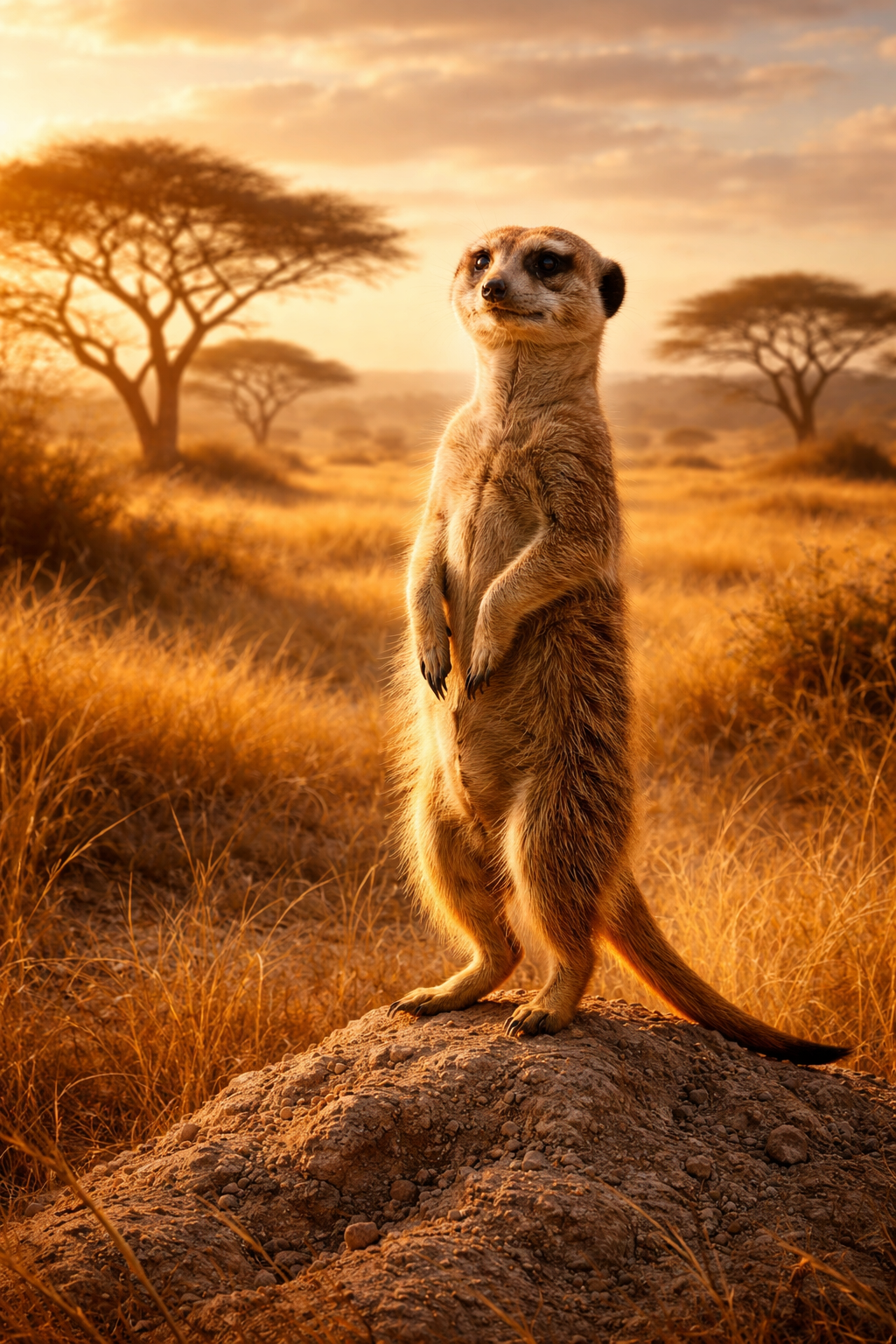 Photorealistic painting of a meerkat standing sentinel on a rock in the Kalahari Desert at golden hour