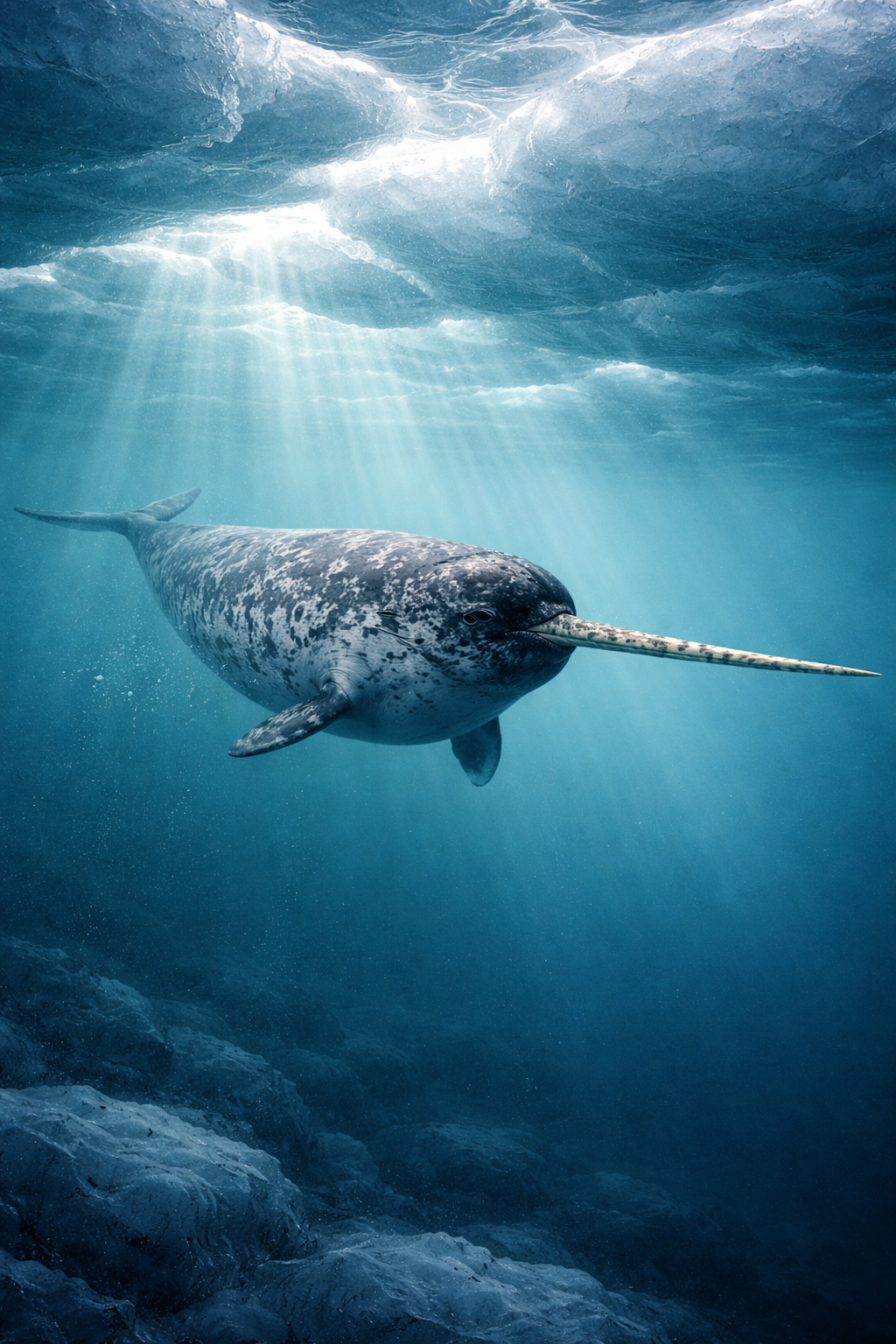 Photorealistic painting of a narwhal gliding beneath Arctic sea ice with its spiral tusk extended