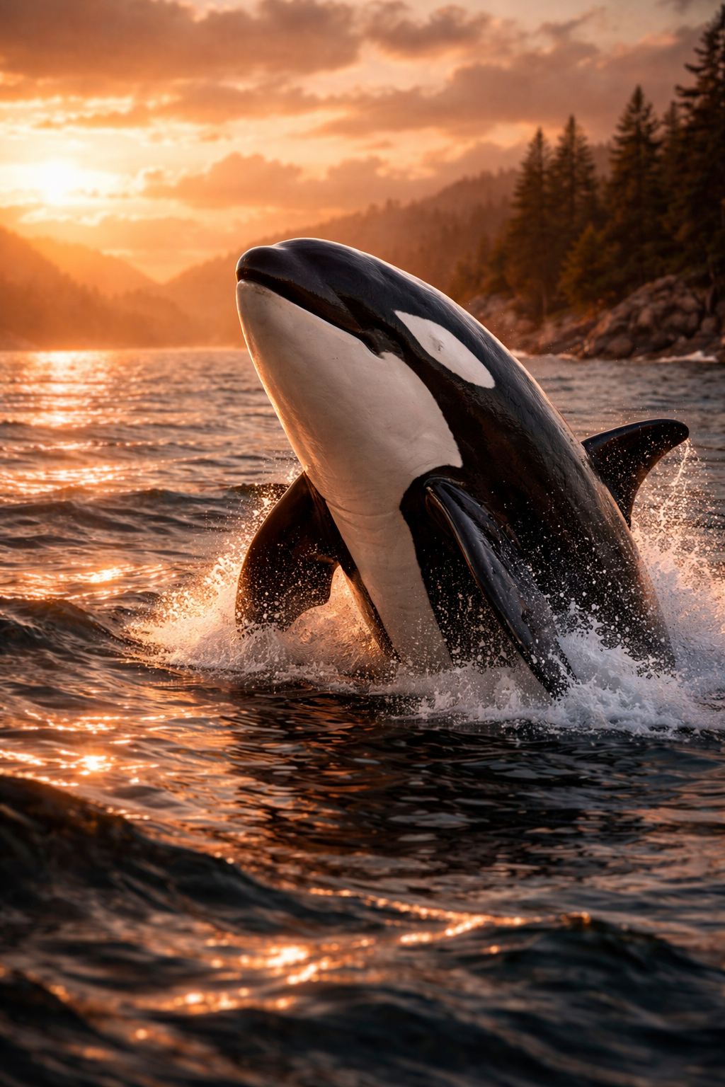 Photorealistic painting of an orca breaching at sunset in the Pacific Northwest