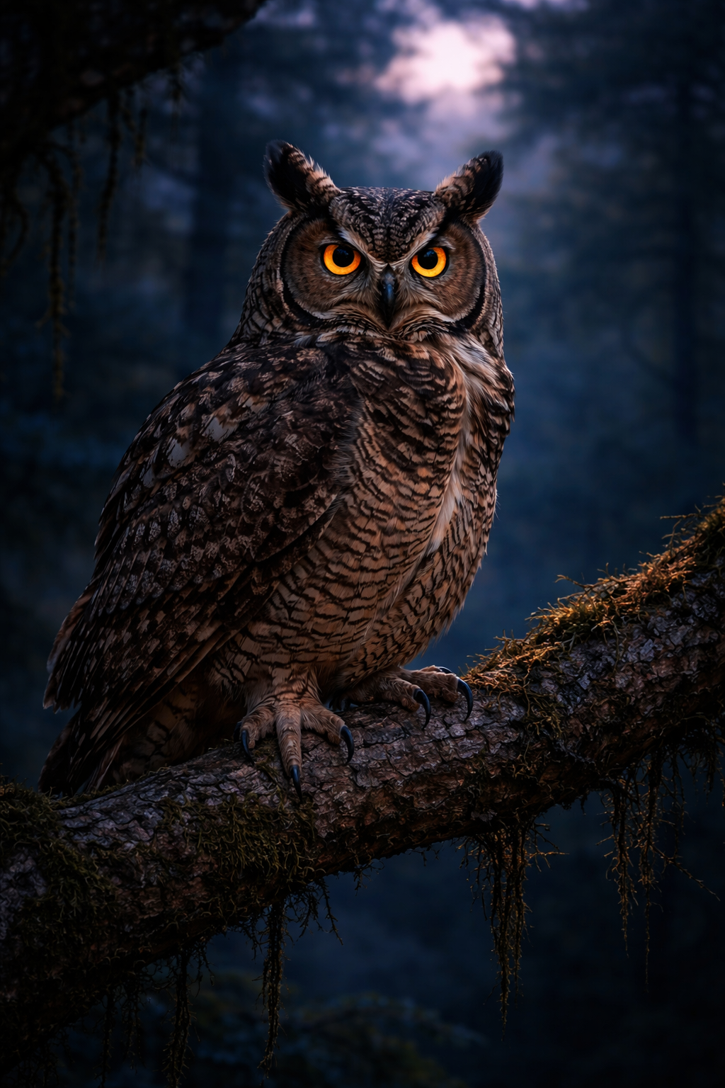 Photorealistic painting of a great horned owl with glowing orange eyes perched on a mossy branch in a misty midnight forest