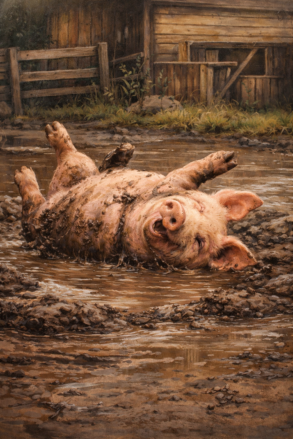 Happy pig rolling on its back in a mud wallow on a farm, mouth open in apparent joy