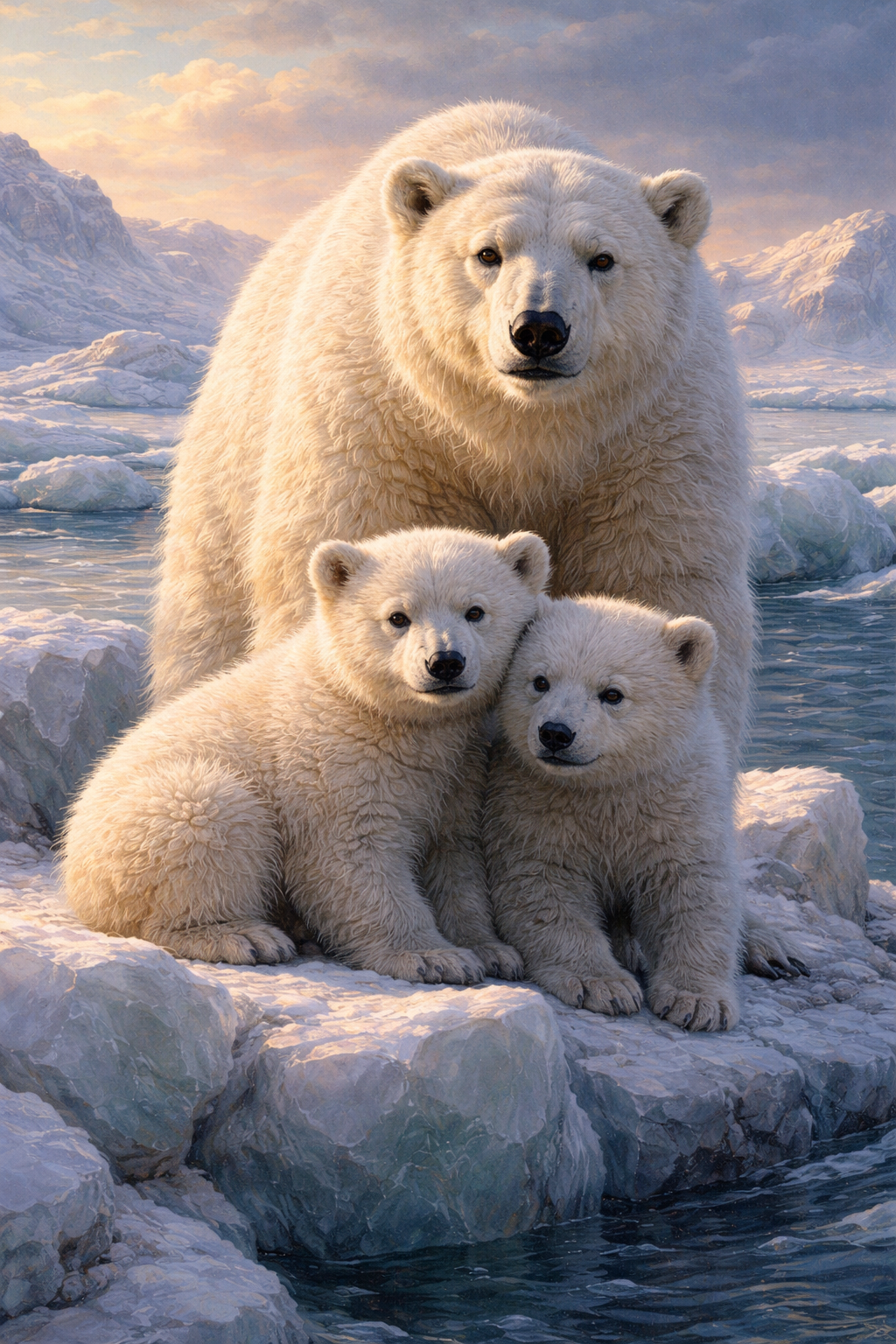 A polar bear mother with two cubs resting on an Arctic ice floe, mountains and sea in the background