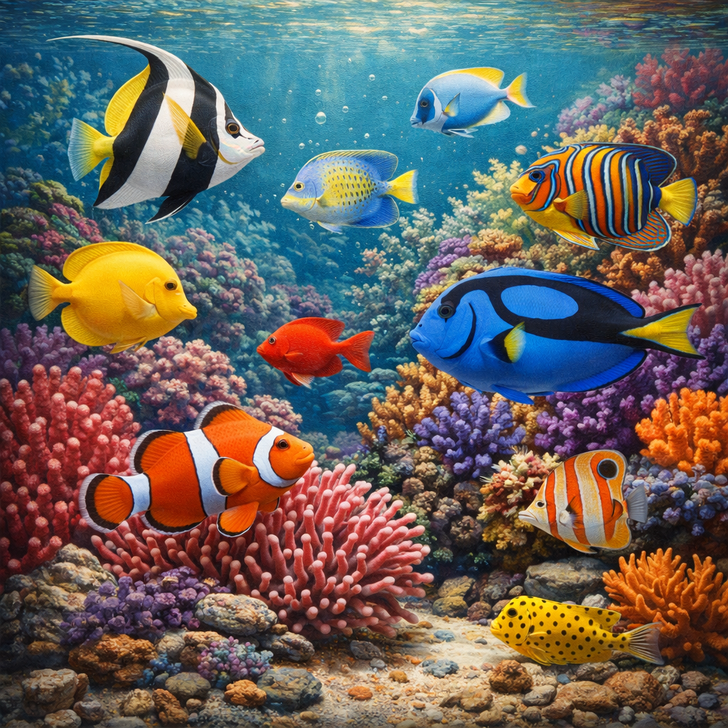 Photorealistic painting of a vibrant coral reef scene with clownfish, blue tang, and tropical saltwater fish
