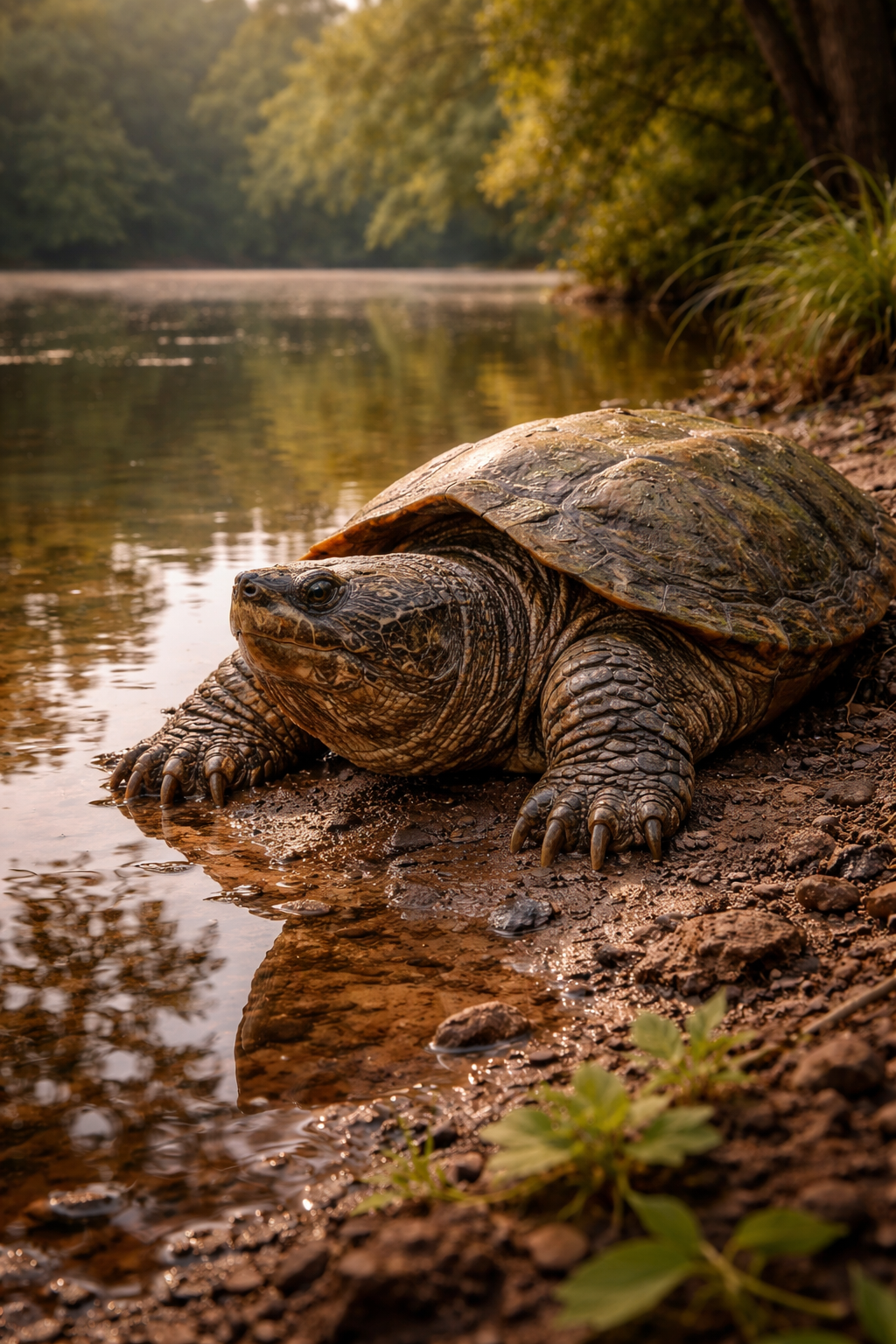 Photorealistic painting of a large common snapping turtle hauled out on a muddy riverbank at golden hour