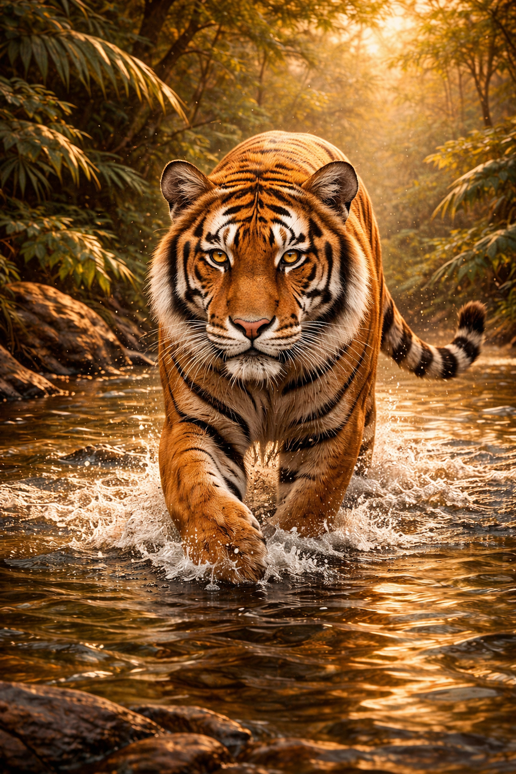Bengal tiger charging through a jungle river, eyes fixed forward, water splashing