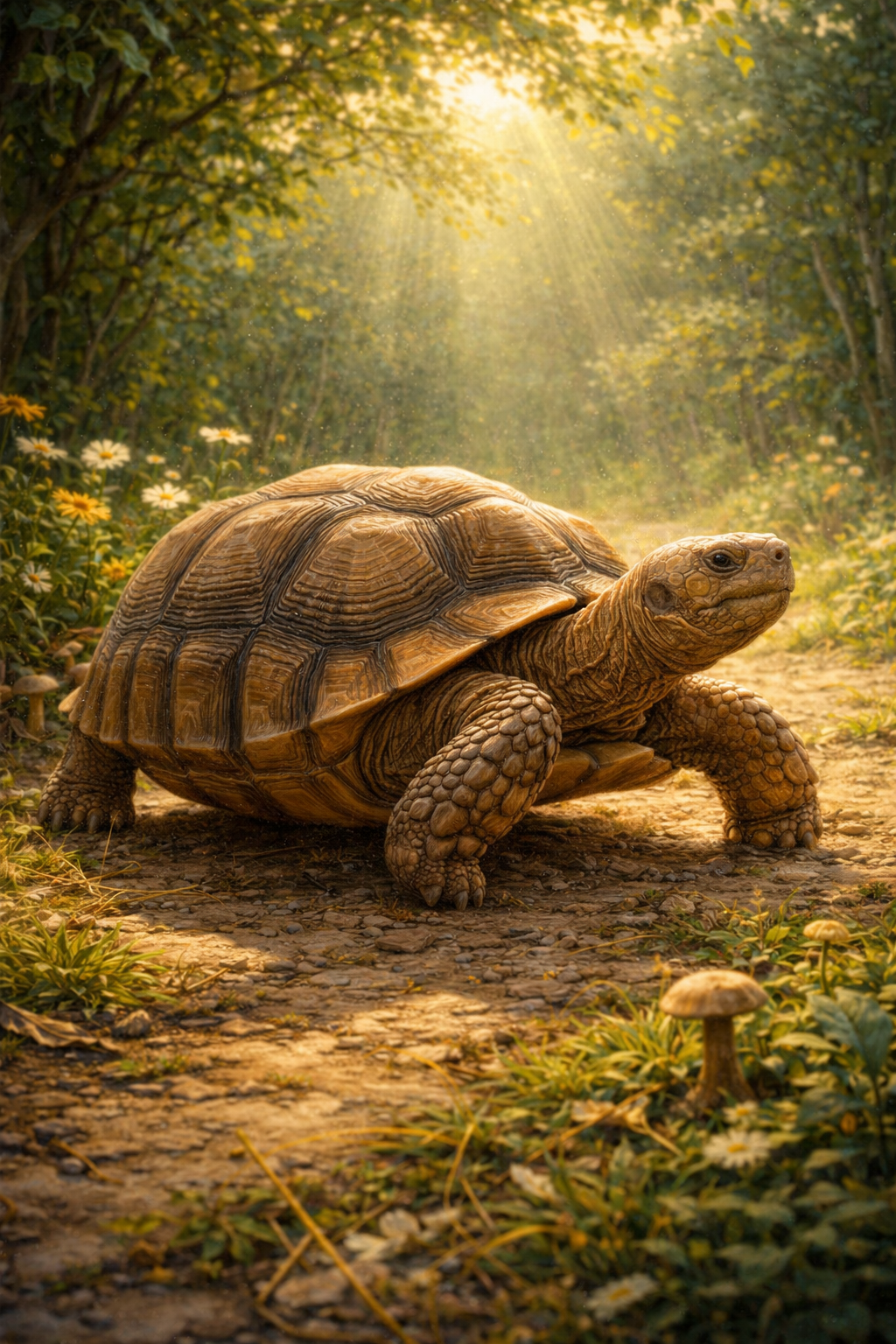 Photorealistic painting of a giant tortoise on a rocky island habitat