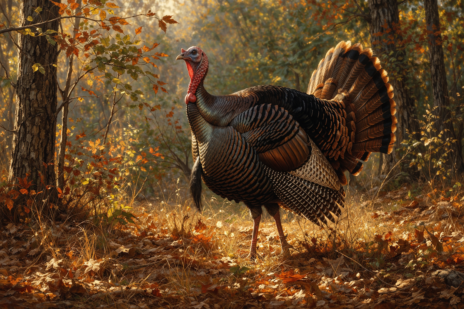 Photorealistic painting of a wild turkey displaying in an autumn forest