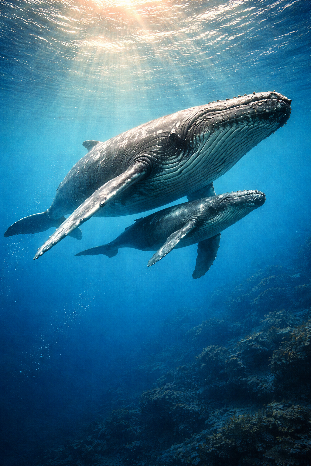 Humpback whale mother and calf swimming together in blue water with sunlight rays from above